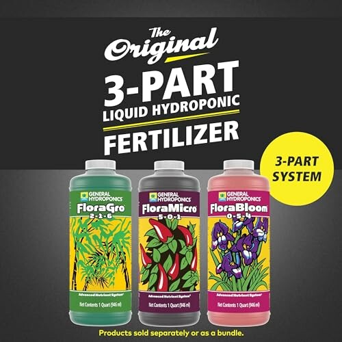 Three bottles of General Hydroponics 3-part liquid fertilizer system.