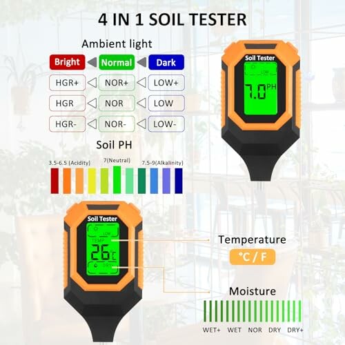 4-in-1 soil tester showing pH, light, temperature, and moisture readings.