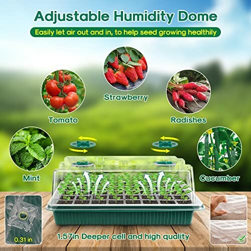 Seed growing kit with adjustable humidity dome, featuring images of tomato, strawberry, radishes, mint, and cucumber.