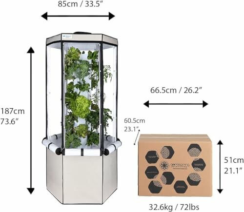 Aeroponic garden system with dimensions and packaging details.