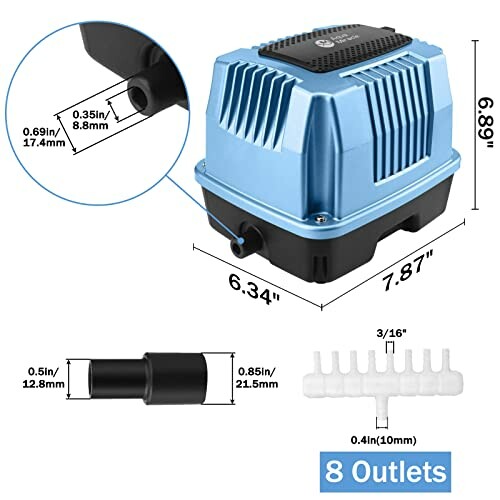 Diagram showing the dimensions and features of an air pump with 8 outlets.