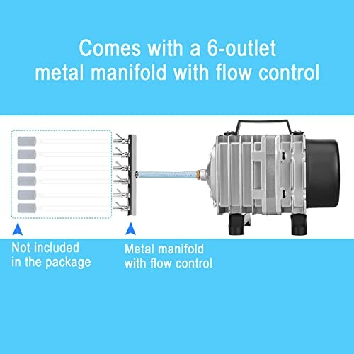 Air pump with 6-outlet metal manifold and flow control.