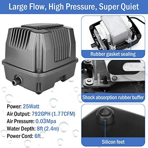 Features of a large flow, high pressure, super quiet aquarium air pump.