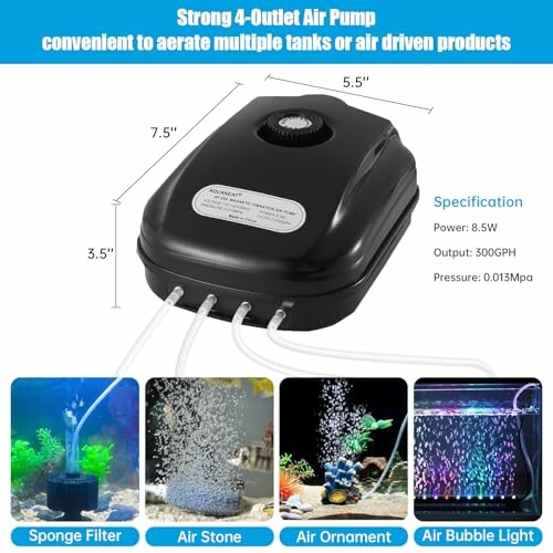 Aquarium air pump with four outlets and specifications.