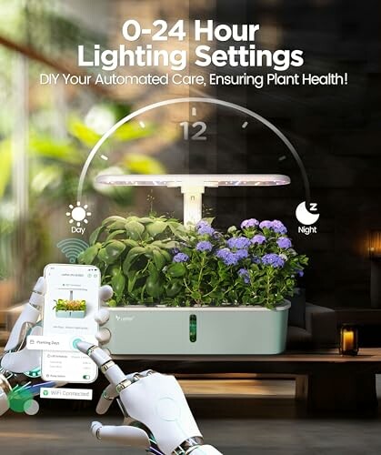 Automated plant lighting system with 0-24 hour settings for plant health.