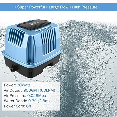 Blue air pump with water splash background and specifications panel.