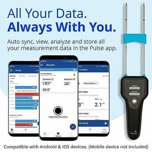 Bluetooth soil moisture meter with app interface on smartphones.