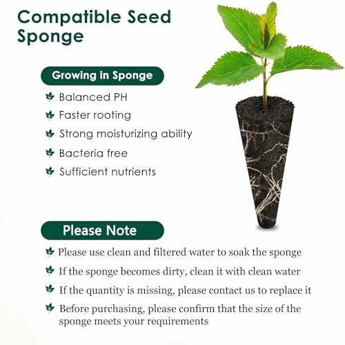 Seed sponge with plant growth benefits and usage instructions.