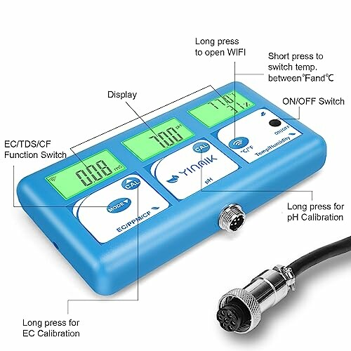 Digital water quality meter with display and calibration functions.