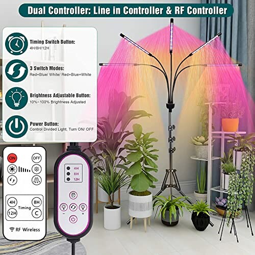 Indoor plant grow lights with dual controller and RF remote, featuring timing and brightness settings.