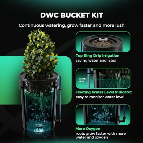 DWC bucket kit for continuous watering with drip irrigation and water level indicator.