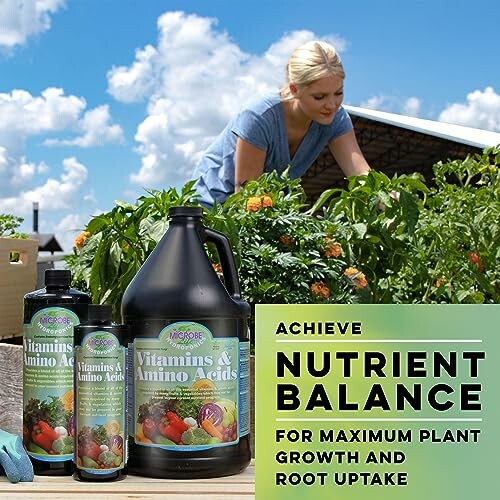 Gardener tending to plants with bottles of vitamins and amino acids for plant growth.