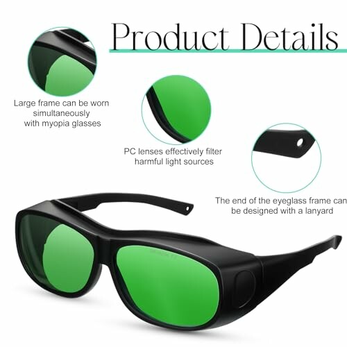 Black safety glasses with green lenses and product details