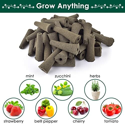 Grow anything plant pellets with images of mint, zucchini, herbs, strawberry, bell pepper, cherry, tomato.