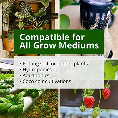 Image showing compatibility for all grow mediums including potting soil, hydroponics, aquaponics, and coco coir cultivations.