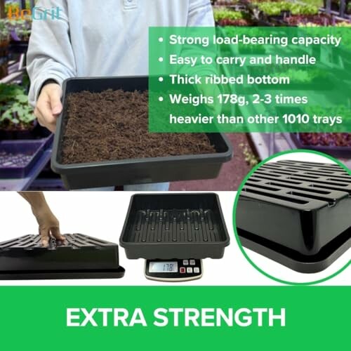 Person holding a strong, thick-bottomed plant tray with features listed: load-bearing capacity, easy handling, ribbed bottom, and weight details.