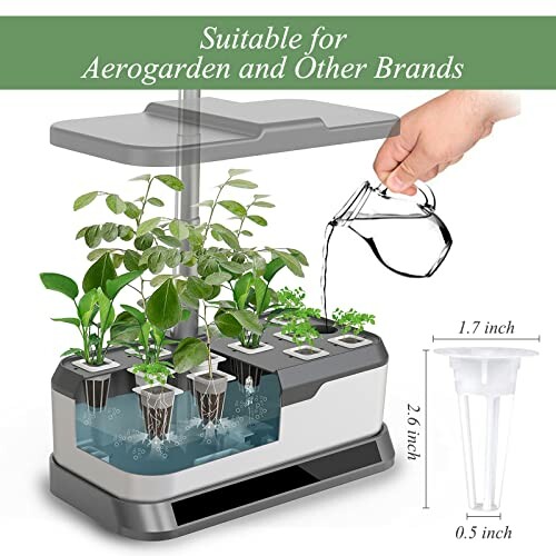 Hydroponic indoor garden kit with plants and watering jug.