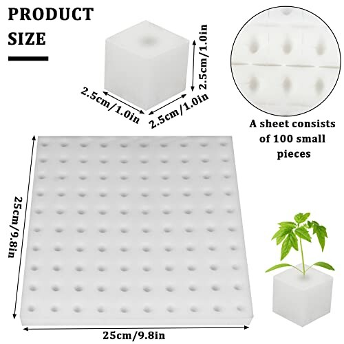 Hydroponic grow sponge cubes with dimensions and plant example.