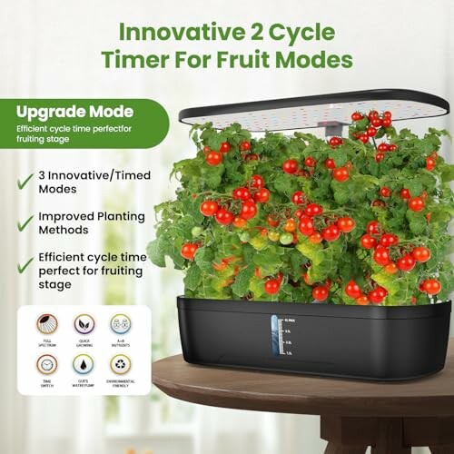 Indoor garden with innovative 2 cycle timer for fruit modes, featuring lush greenery and red tomatoes.