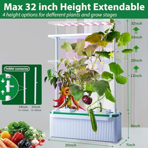 An indoor garden planter with height extendable feature and various plants.