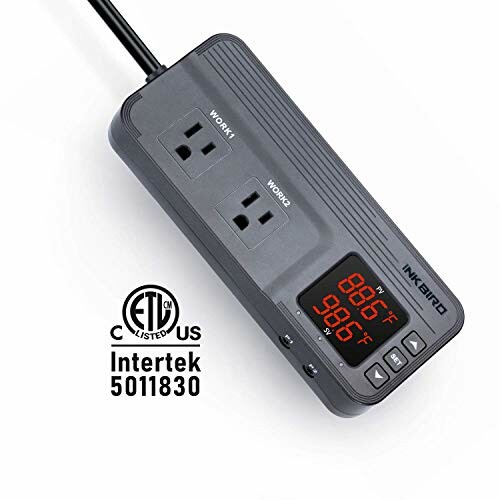 Inkbird temperature controller with digital display and two outlets.