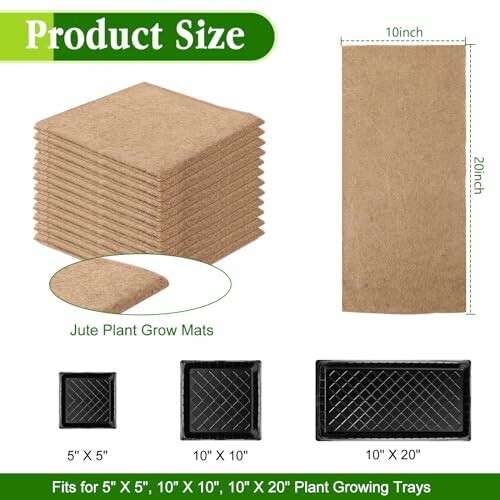 Jute plant grow mats in various sizes with dimensions and tray compatibility.