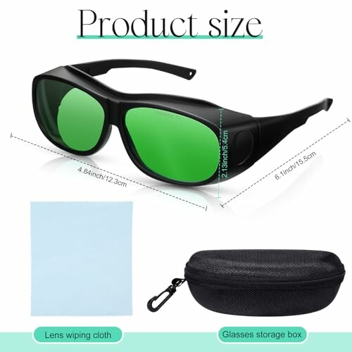 Laser safety glasses with green lenses, storage box, and cleaning cloth