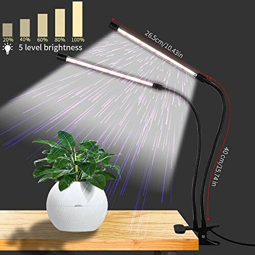 LED grow light with adjustable brightness levels shining on a potted plant.