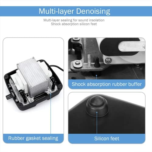 Multi-layer denoising components including rubber gasket sealing, shock absorption rubber buffer, and silicon feet.