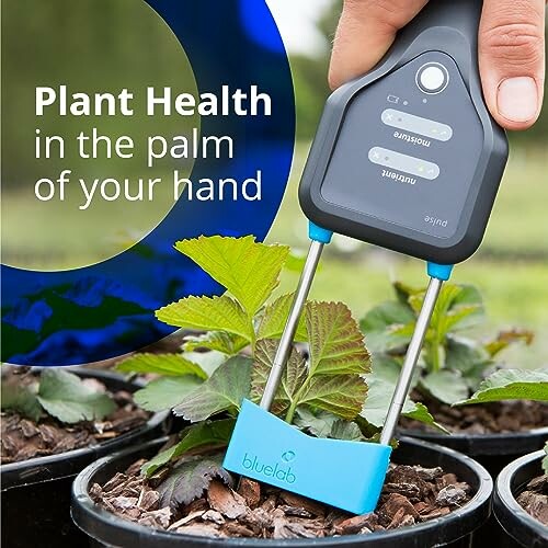 Hand-held device measuring plant health in pots.