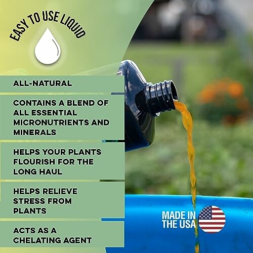 Nutrient liquid being poured with benefits list and USA flag.