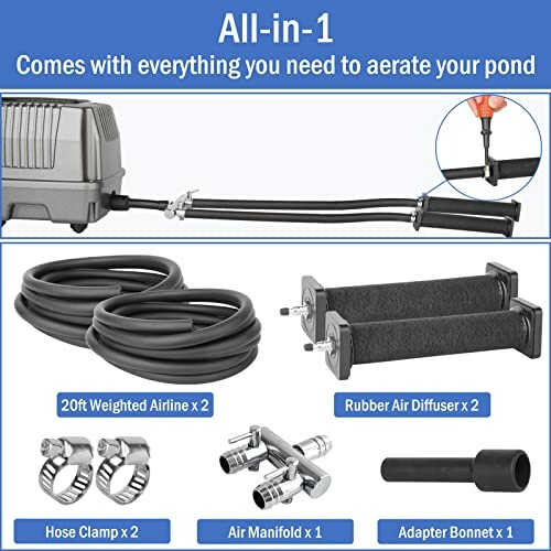 Components of an all-in-one pond aeration kit including weighted airline, air diffuser, hose clamps, air manifold, and adapter.