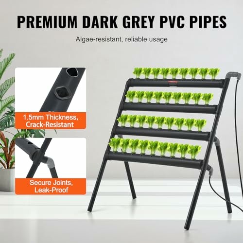 Hydroponic system with dark grey PVC pipes and green plants.