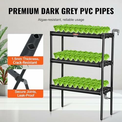 Three-tier PVC pipe setup with green plants, highlighting crack-resistant and leak-proof features.