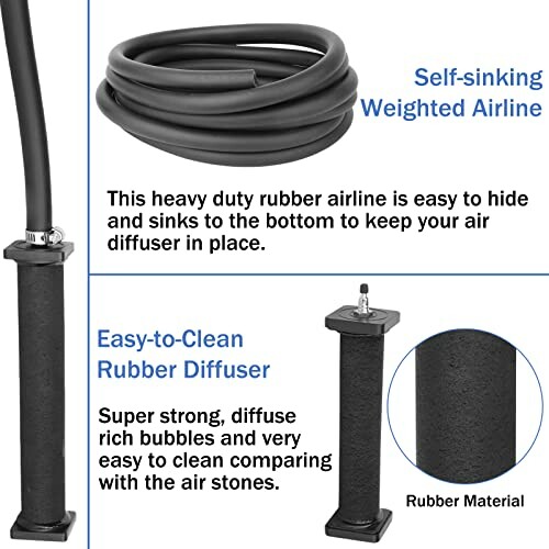 Self-sinking weighted airline and easy-to-clean rubber diffuser with description.