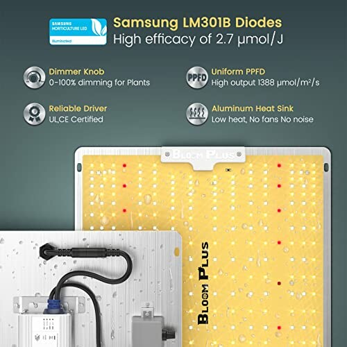 Samsung LM301B Diodes grow light with dimmer knob, reliable driver, uniform PPFD, and aluminum heat sink.