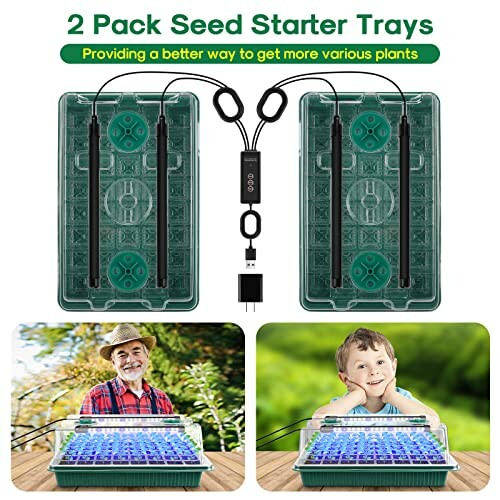 Seed starter trays with heating mat and LED grow lights, featuring a happy gardener and child.