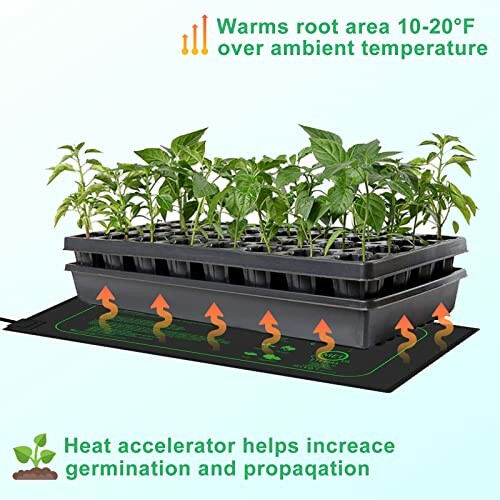 Seedling tray on heat mat with temperature benefits highlighted.