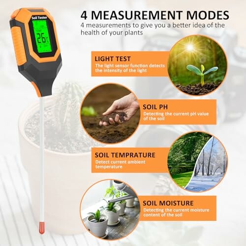 Soil tester device with 4 measurement modes for plant health: light test, soil pH, soil temperature, and soil moisture.