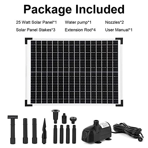 Components of a solar panel kit including a solar panel, water pump, nozzles, extension rods, and user manual.