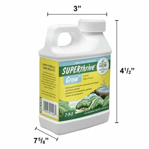 Superthrive Grow Liquid Plant Food bottle with dimensions.