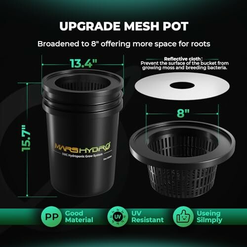 Mesh pot with dimensions and features for hydroponic growth.