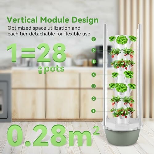 Vertical module design for indoor gardening with detachable tiers and optimized space utilization.