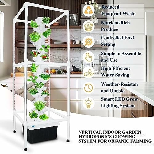 Vertical indoor hydroponics garden system for organic farming with features listed.